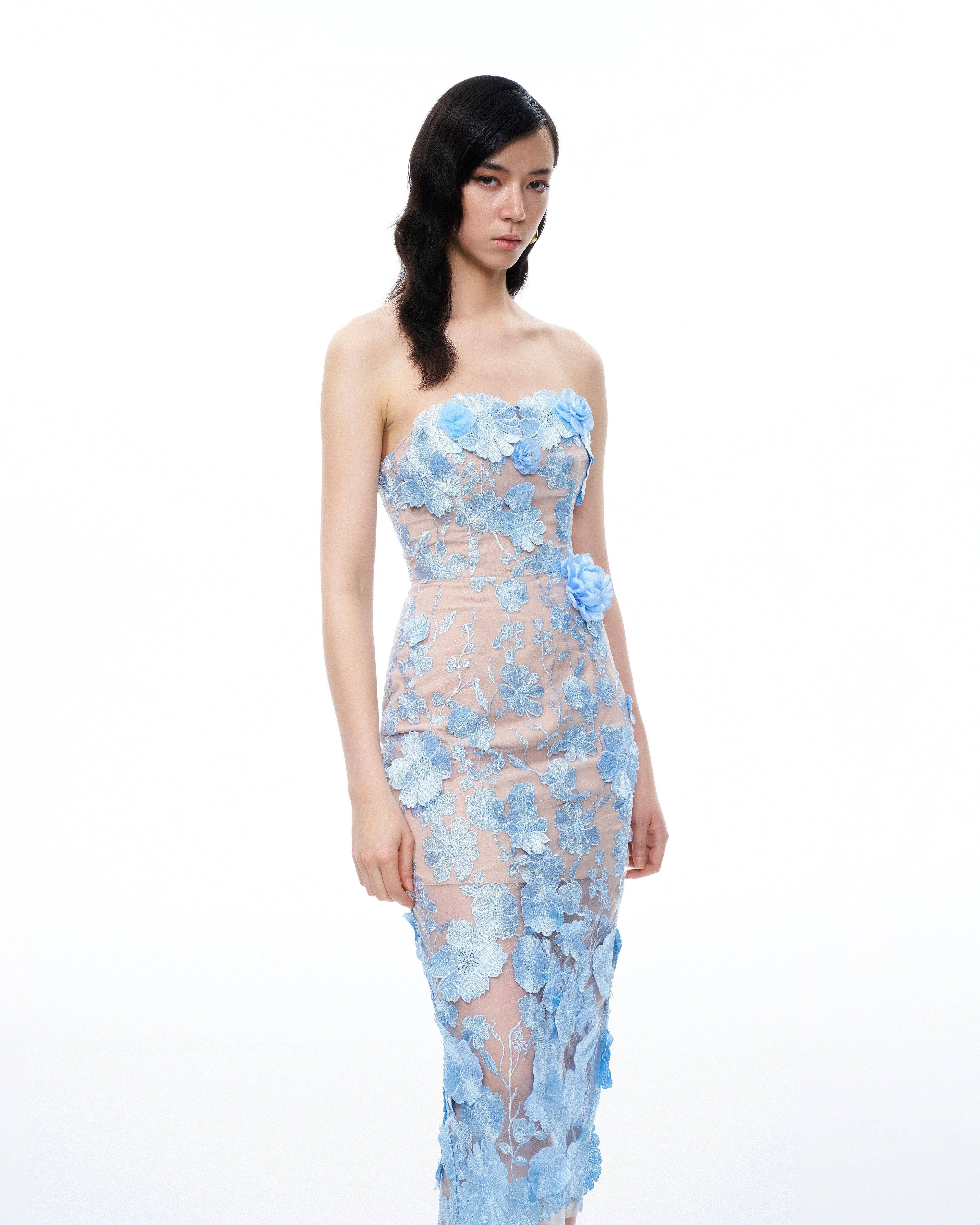 Evander Abito lungo con ricami floreali 3D - Blu - Image 5
