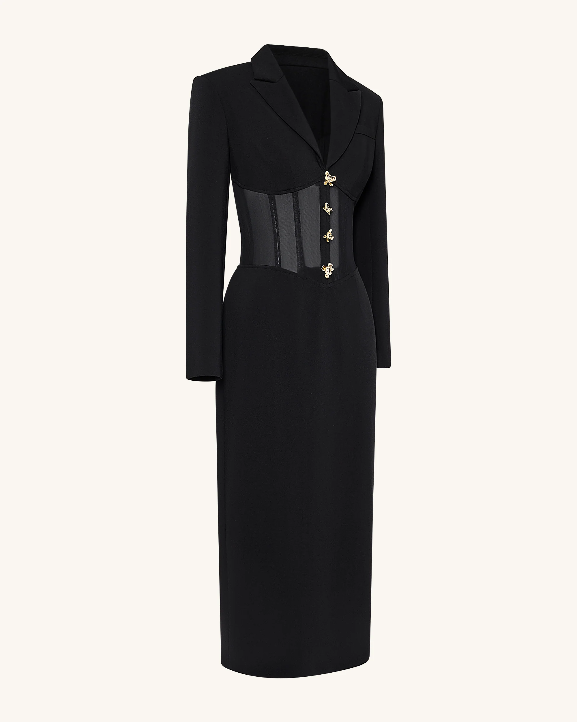 Abito Maxi con Corsetto e Blazer Trasparente - Nero - Image 3